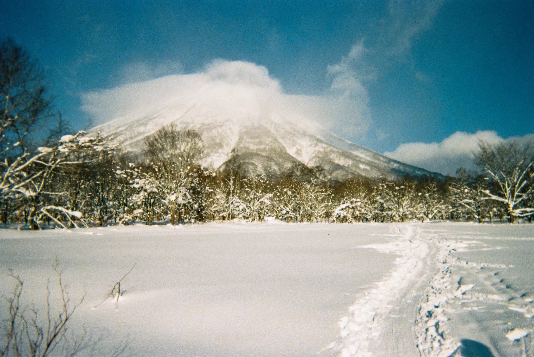 Mount Yotei wearing a cloud cap over a snowfield under blue sky