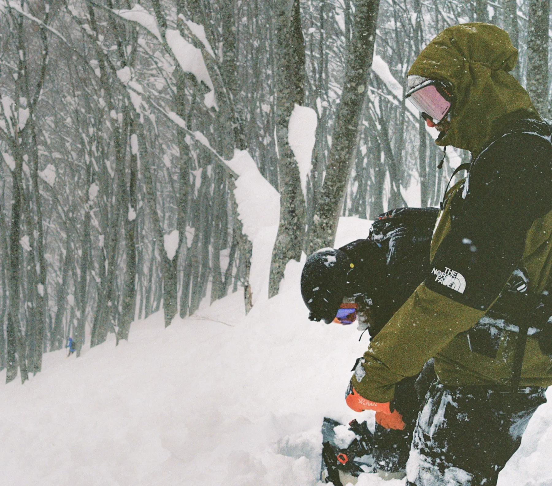 Splitboarder hiking through a birch forest in a heavy snowstorm