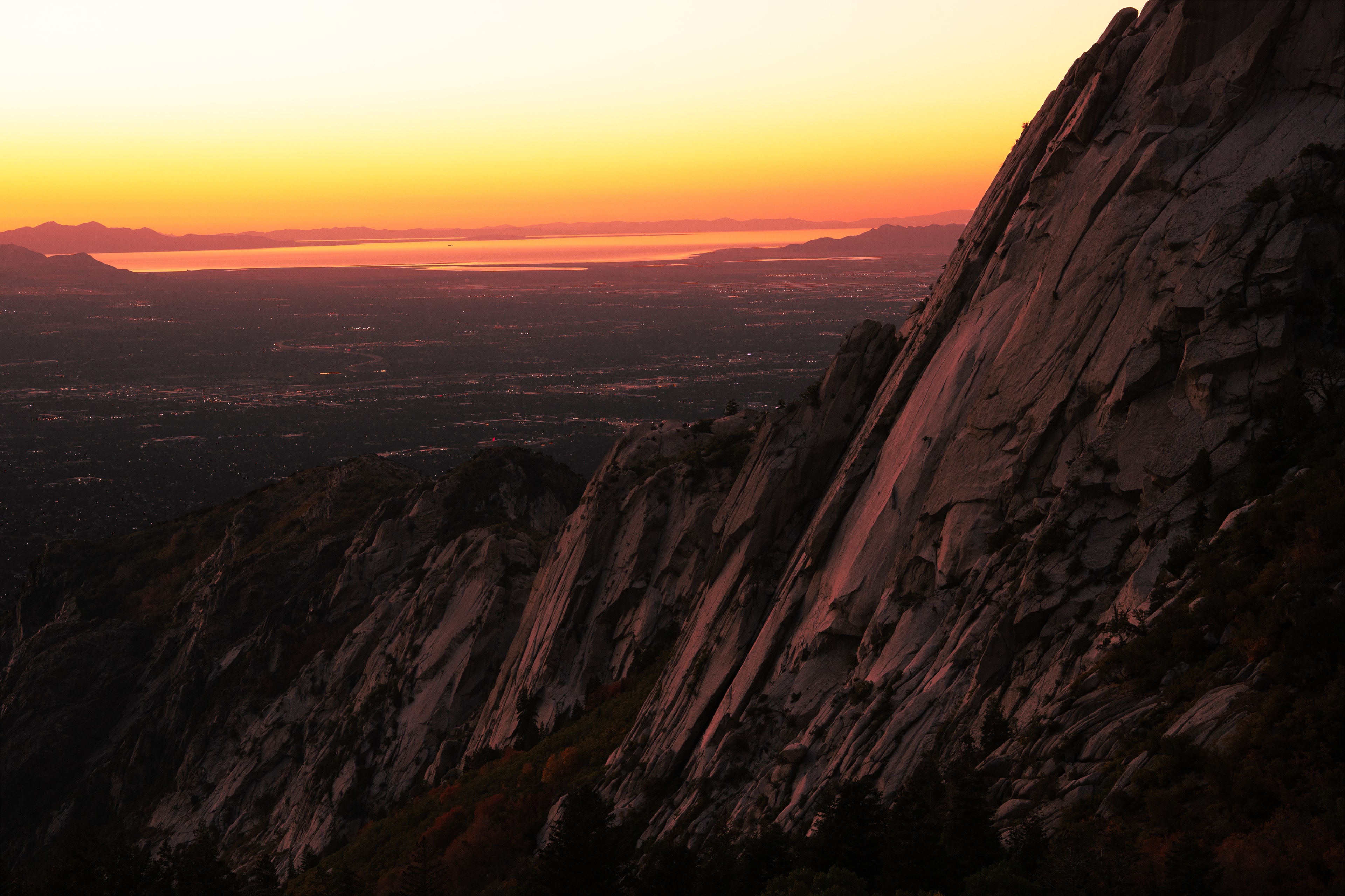 Sunset over the Great Salt Lake from the granite walls above the valley