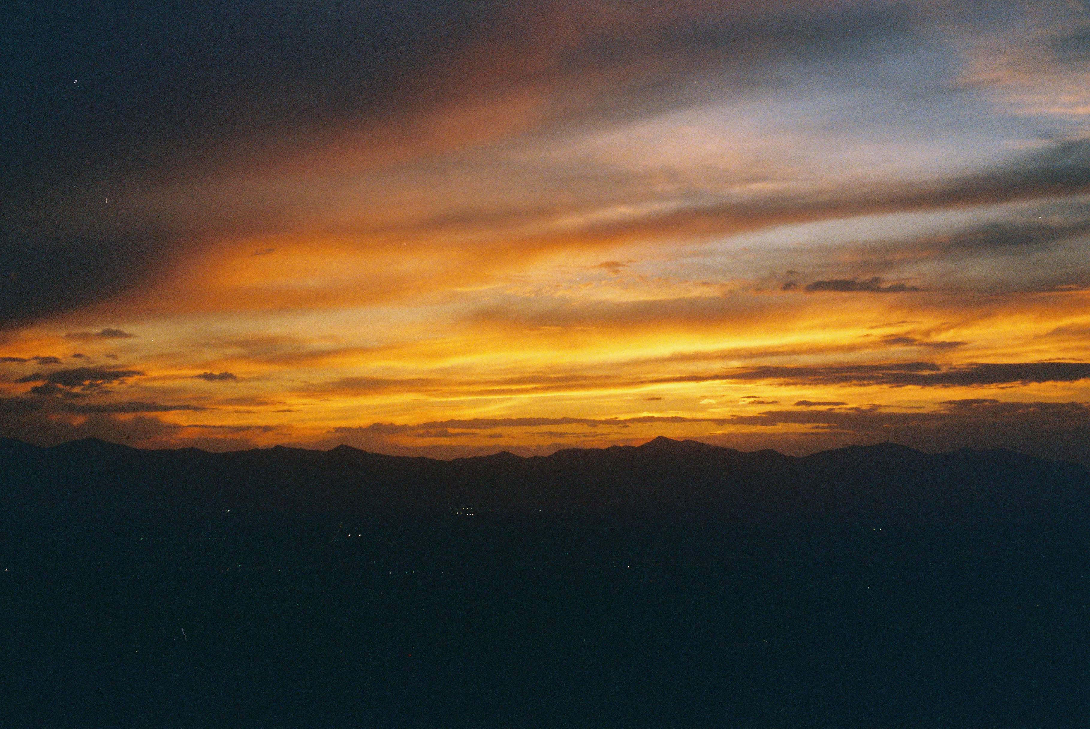 Sunset burning over the valley ranges, shot on 35mm film